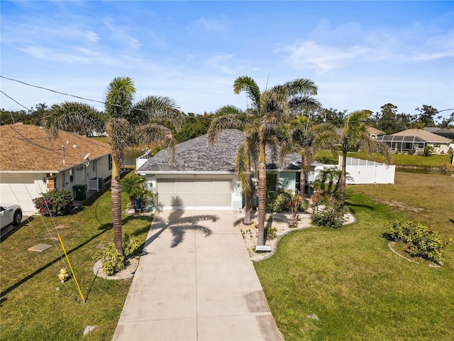 single story home with a garage and a front yard