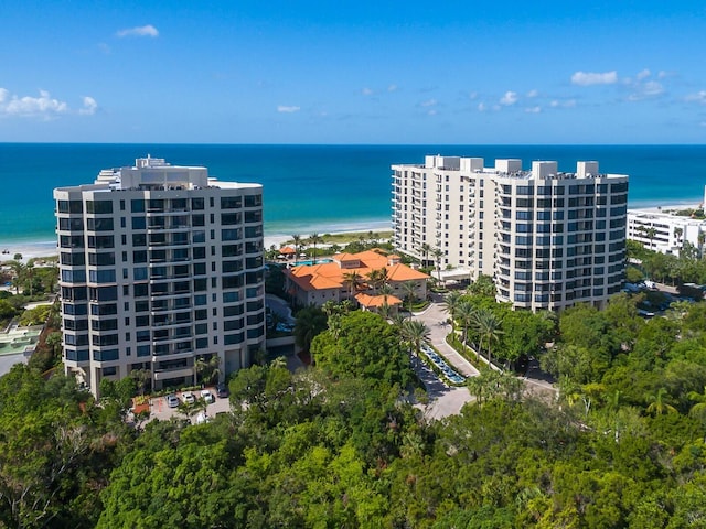 bird's eye view with a water view and a view of the beach