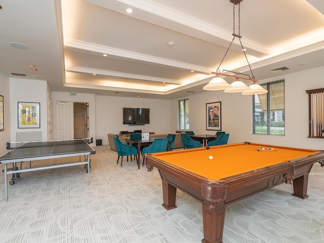 game room with crown molding, carpet flooring, and pool table