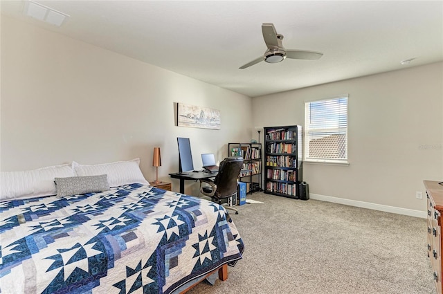 bedroom with light carpet and ceiling fan