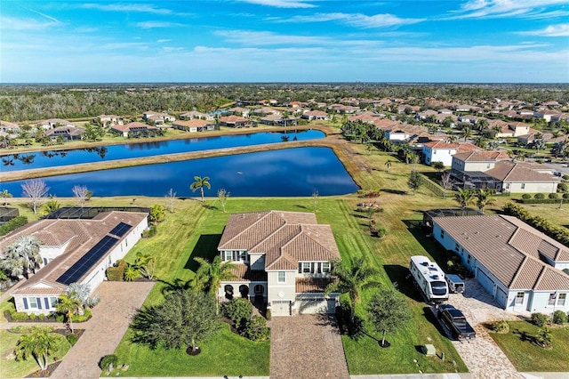 bird's eye view with a water view