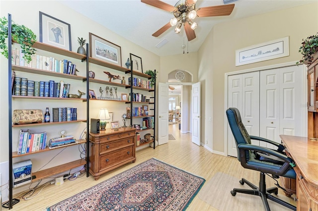 7215 Treymore Ct, Sarasota, FL 34243 - office featuring lofted ceiling, light hardwood / wood-style flooring, and ceiling fan