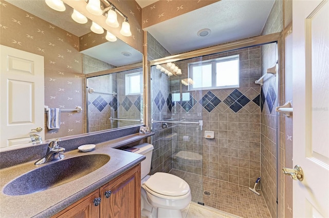 7215 Treymore Ct, Sarasota, FL 34243 - bathroom featuring vanity, tile patterned flooring, a shower with shower door, and toilet