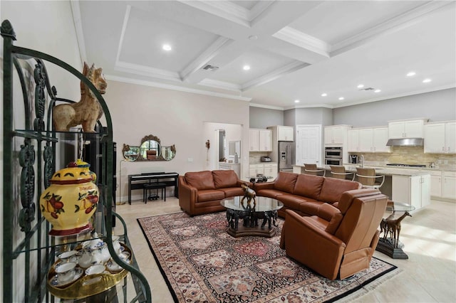 living room with coffered ceiling, light tile patterned floors, crown molding, and beamed ceiling