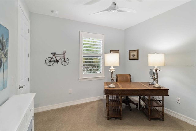 office with ceiling fan and light colored carpet