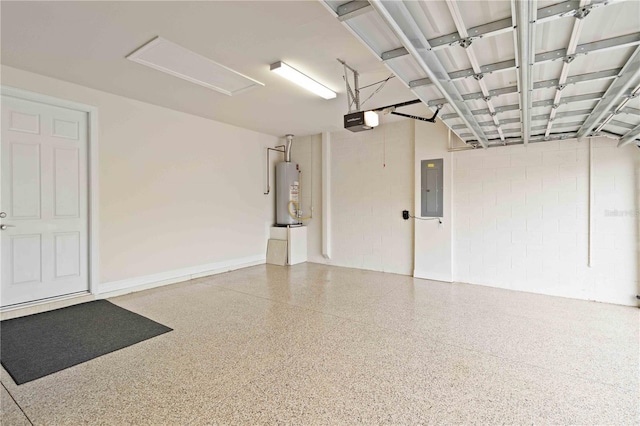 garage featuring a garage door opener, electric panel, and water heater