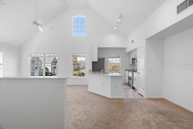 kitchen featuring appliances with stainless steel finishes, light colored carpet, white cabinets, and kitchen peninsula