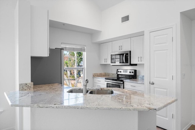 kitchen featuring sink, appliances with stainless steel finishes, light stone countertops, white cabinets, and kitchen peninsula