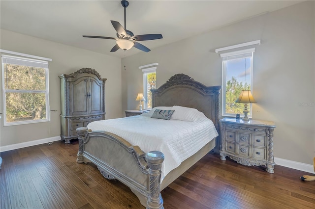 bedroom featuring dark wood-type flooring and ceiling fan