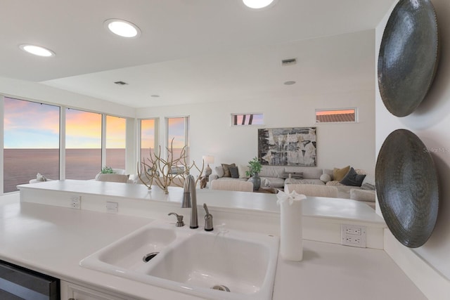 bathroom with sink and a water view