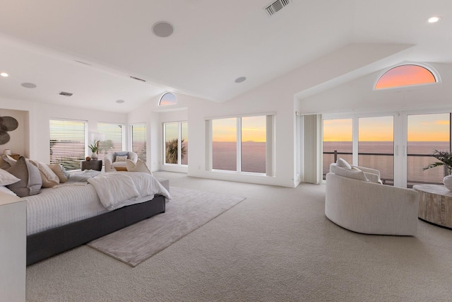 carpeted bedroom with vaulted ceiling and a water view