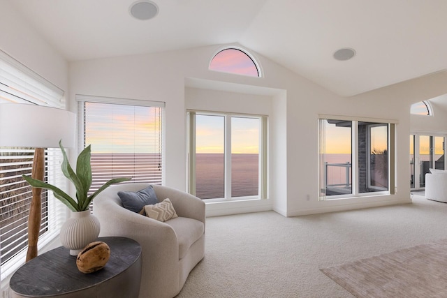 living area featuring lofted ceiling, carpet, and a water view