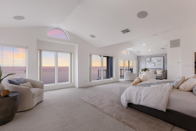 bedroom with lofted ceiling, a water view, light carpet, access to exterior, and multiple windows