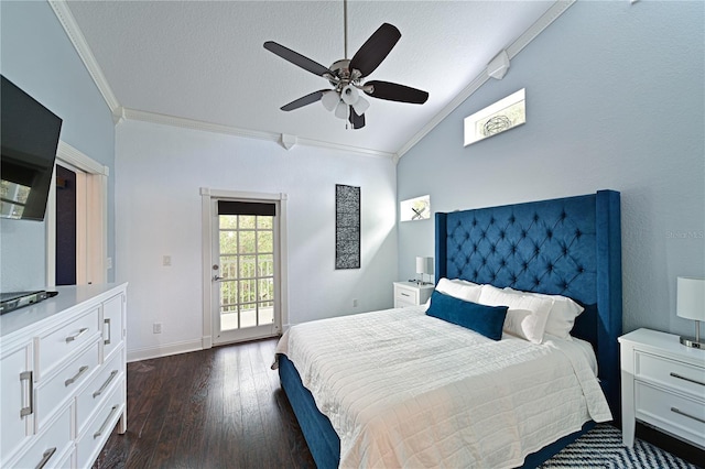 bedroom with ornamental molding, lofted ceiling, dark wood-type flooring, and a textured ceiling