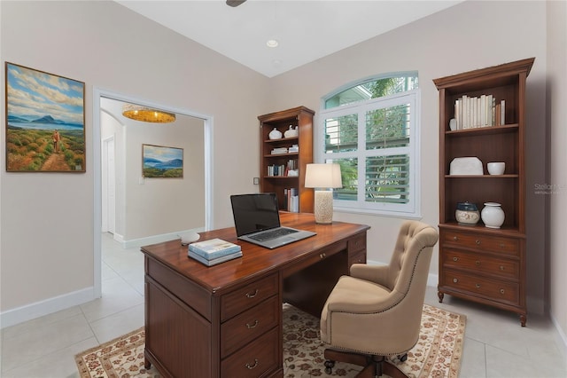 tiled office with ceiling fan