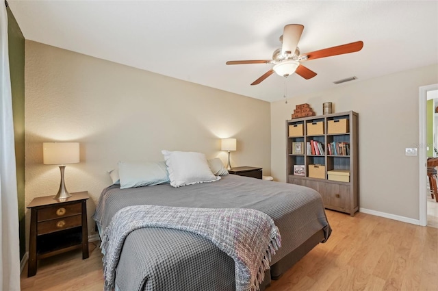 bedroom featuring light wood-type flooring and ceiling fan