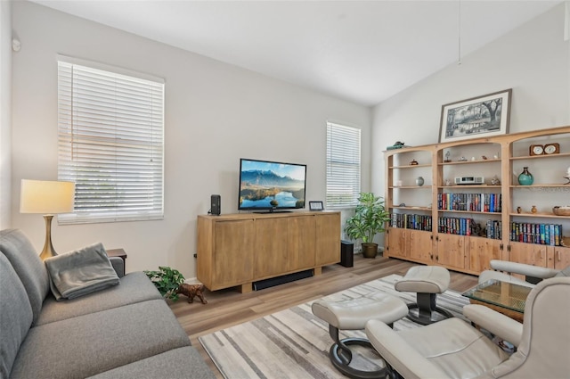 living room with lofted ceiling and light hardwood / wood-style flooring