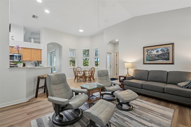 living room with vaulted ceiling and light hardwood / wood-style floors