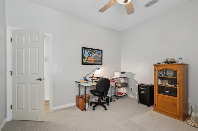 office featuring light colored carpet and ceiling fan