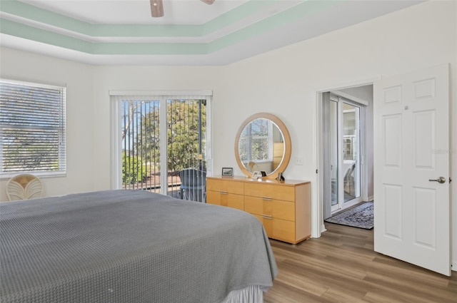 bedroom featuring multiple windows, access to exterior, ceiling fan, and a tray ceiling