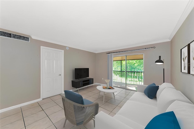 tiled living room featuring crown molding