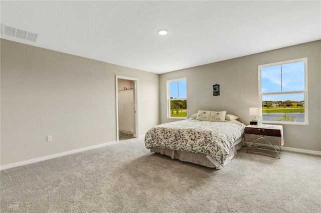 bedroom with connected bathroom and carpet