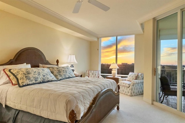 bedroom with access to exterior, ornamental molding, light colored carpet, and ceiling fan