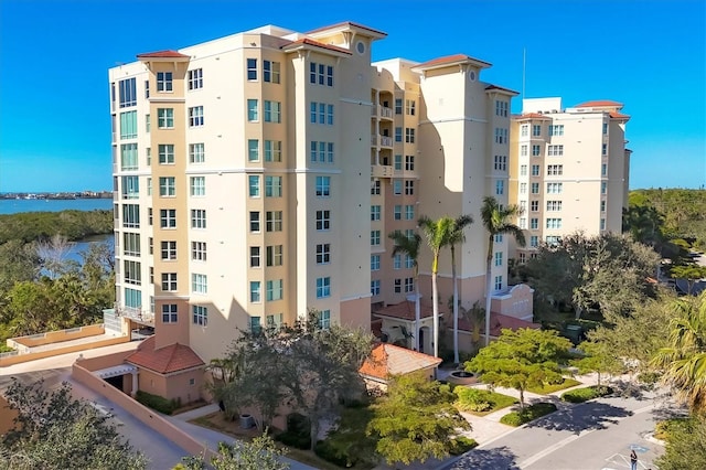 view of building exterior featuring a water view