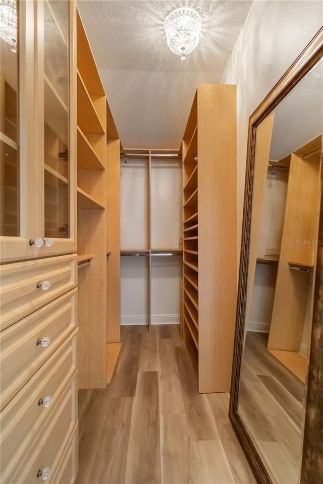 walk in closet with light hardwood / wood-style floors