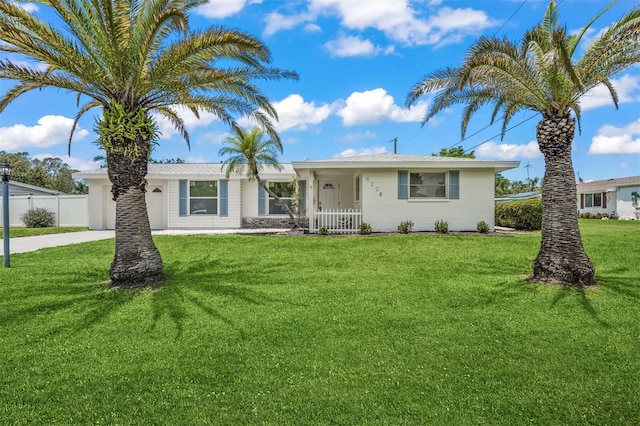 single story home with a garage and a front lawn