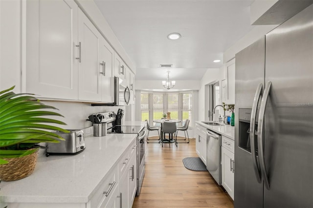 kitchen with stainless steel appliances, sink, light hardwood / wood-style floors, and white cabinets