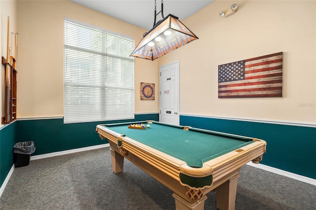 recreation room featuring dark colored carpet and billiards