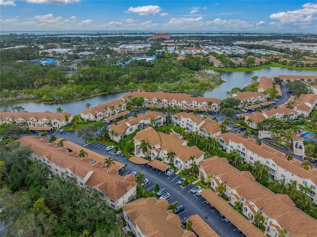 bird's eye view with a water view