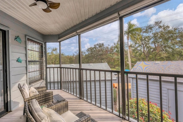 sunroom / solarium with wood ceiling and ceiling fan