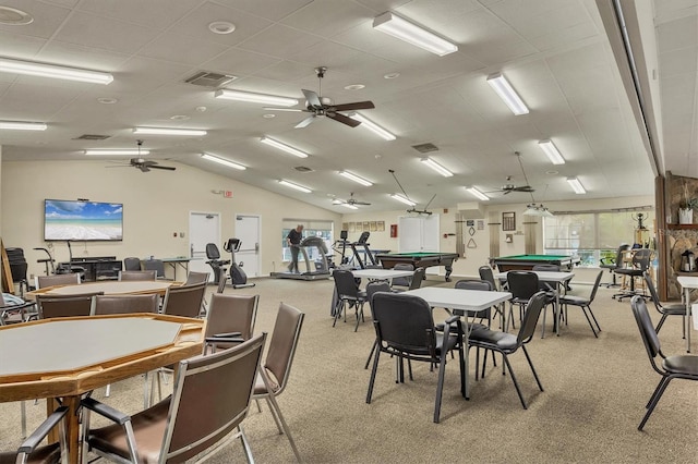 dining space with lofted ceiling, light carpet, ceiling fan, and billiards