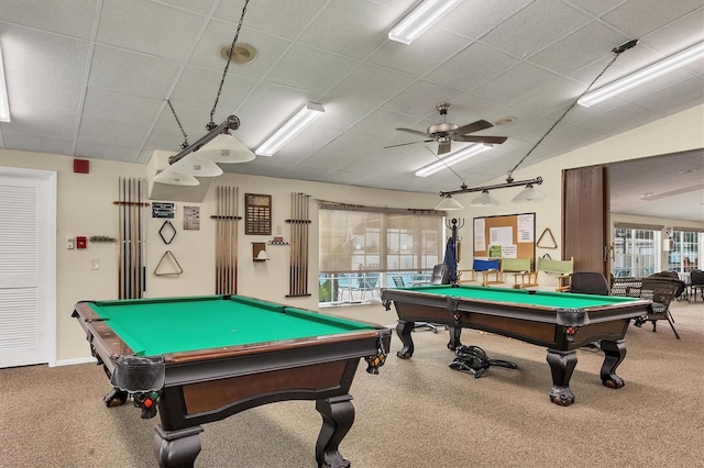 recreation room with ceiling fan, pool table, and carpet