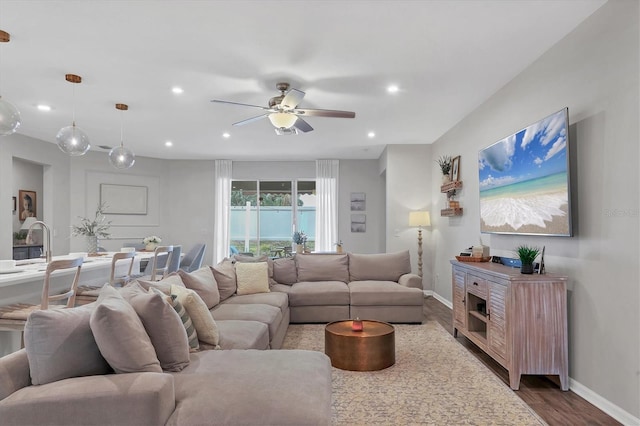 living room with ceiling fan and wood-type flooring