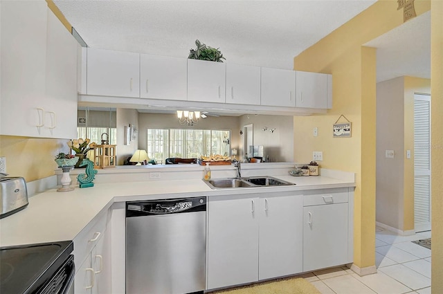 kitchen featuring dishwasher, sink, white cabinets, light tile patterned floors, and black / electric stove