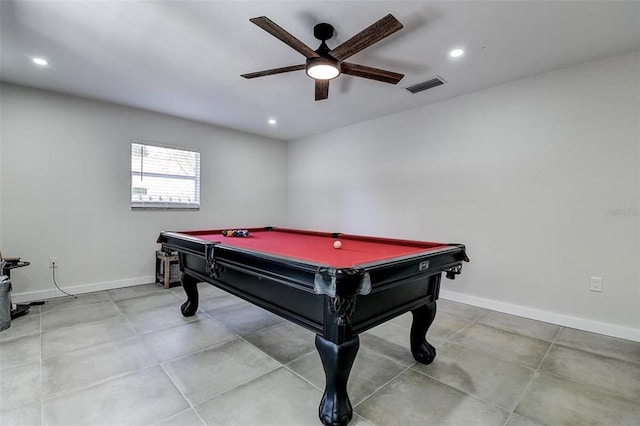 game room with pool table and ceiling fan