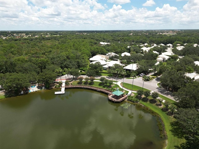 aerial view with a water view and a wooded view