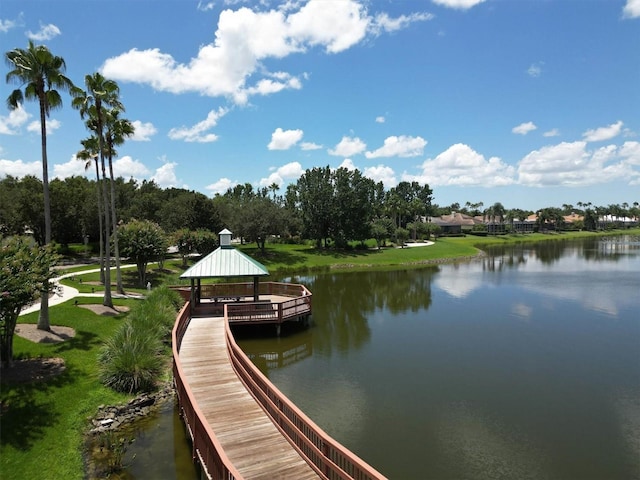 dock area featuring a water view and a gazebo