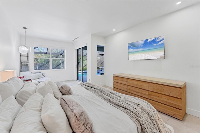 bedroom with baseboards, access to outside, and recessed lighting