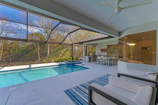 view of swimming pool with ceiling fan, a lanai, an outdoor living space, outdoor dining space, and a patio area