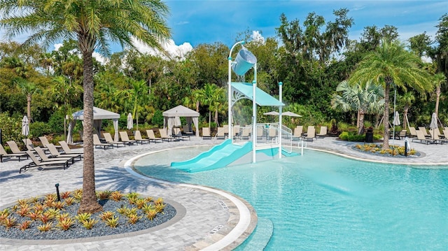 view of swimming pool featuring a gazebo