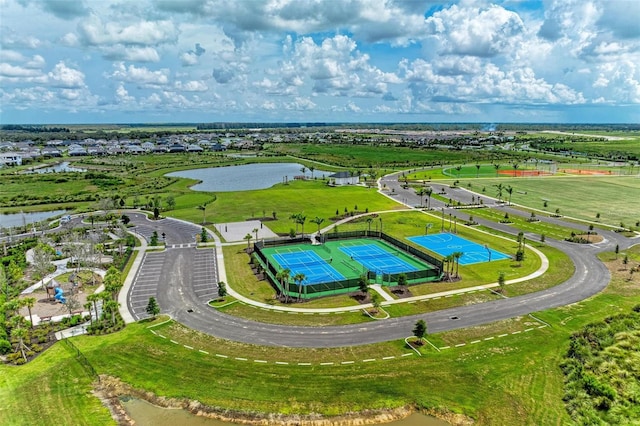 drone / aerial view with a water view