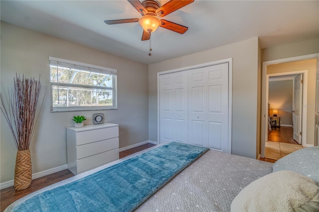 bedroom with wood-type flooring, a closet, and ceiling fan