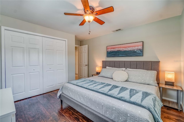 bedroom featuring dark wood-type flooring, a closet, and ceiling fan