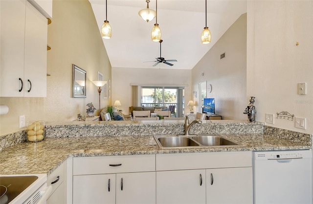 kitchen featuring ceiling fan, white appliances, sink, and white cabinets