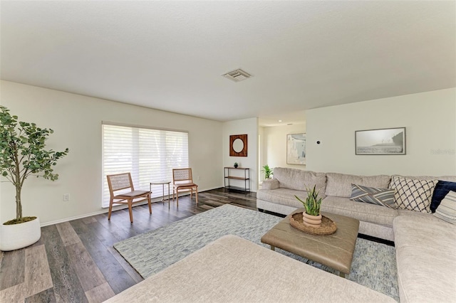 living room featuring dark wood-type flooring