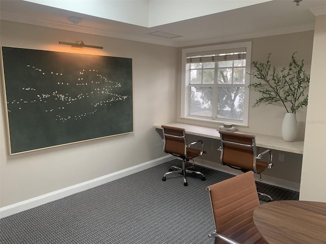 office area with crown molding and carpet floors